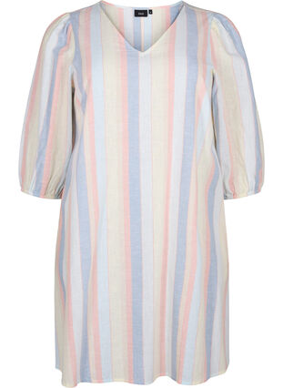 Kort kjole i bomuldsmix med hør, Multi Color Stripe, Packshot image number 0