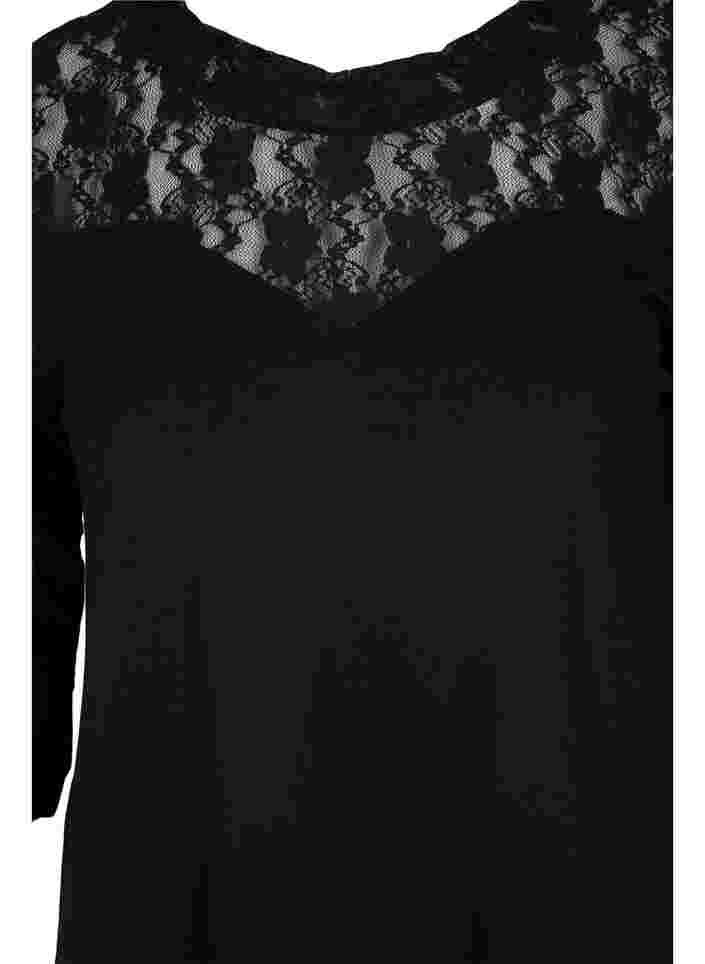 Viskosebluse med blonder og 3/4 ærmer, Black, Packshot image number 2