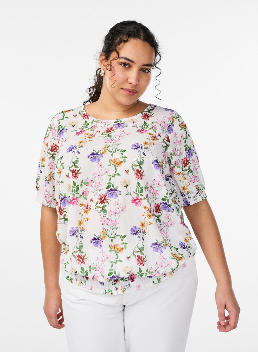 Blomstret bluse med smock, Lyser&oslash;d, Model image number 0