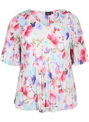 Blomstret bluse i plissé, White/MultiFlowerAOP, Packshot image number 0