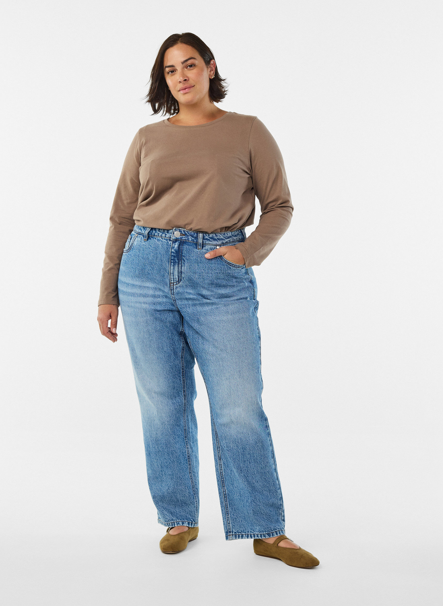 ZizziBasis jerseybluse med lange &aelig;rmer, Brun, Model image number 1