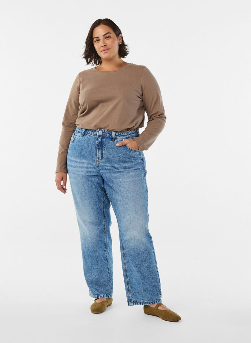 Basis jerseybluse med lange &aelig;rmer, Brun, Model image number 1