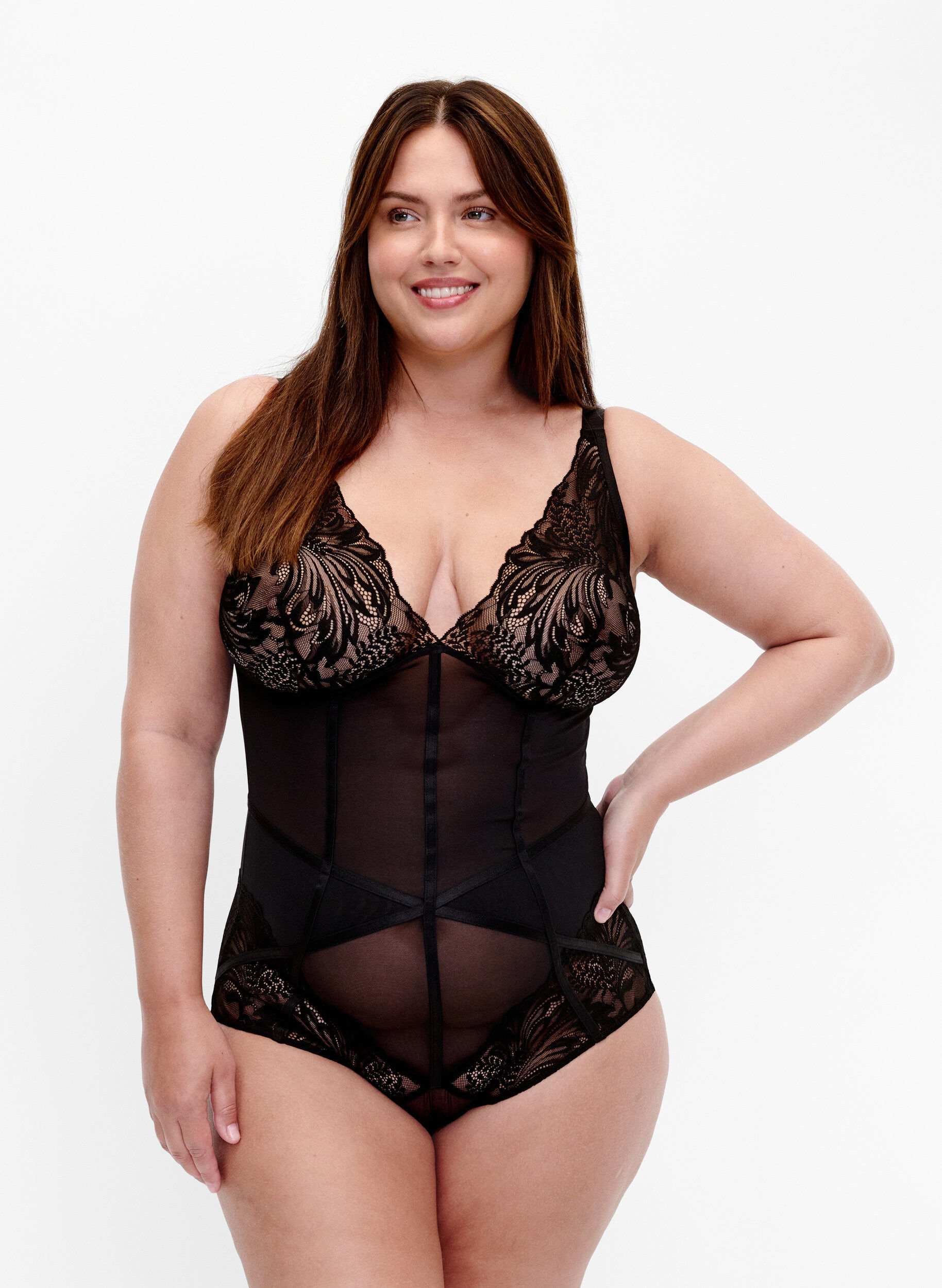 Zizzi Bodystocking med mesh og blonder, Black, Model image number 0