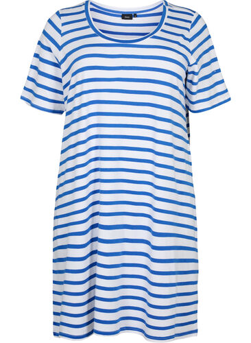Stribet jerseykjole med korte ærmer, Blue Stripes, Packshot image number 0