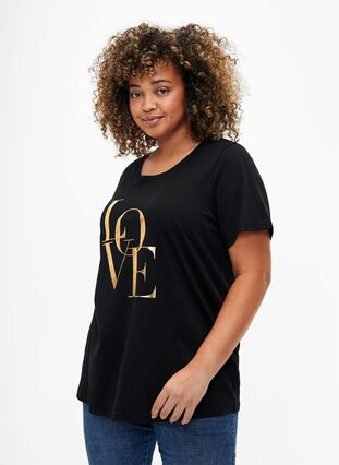 T-shirt i bomuld med guldfarvet tekst , Black w. Gold Love, Model image number 0