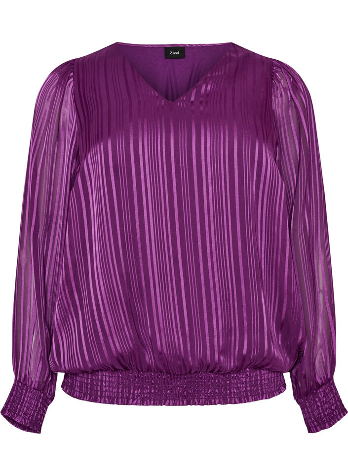 Bluse med stribem&oslash;nster og ballonform, Lilla, Packshot image number 0