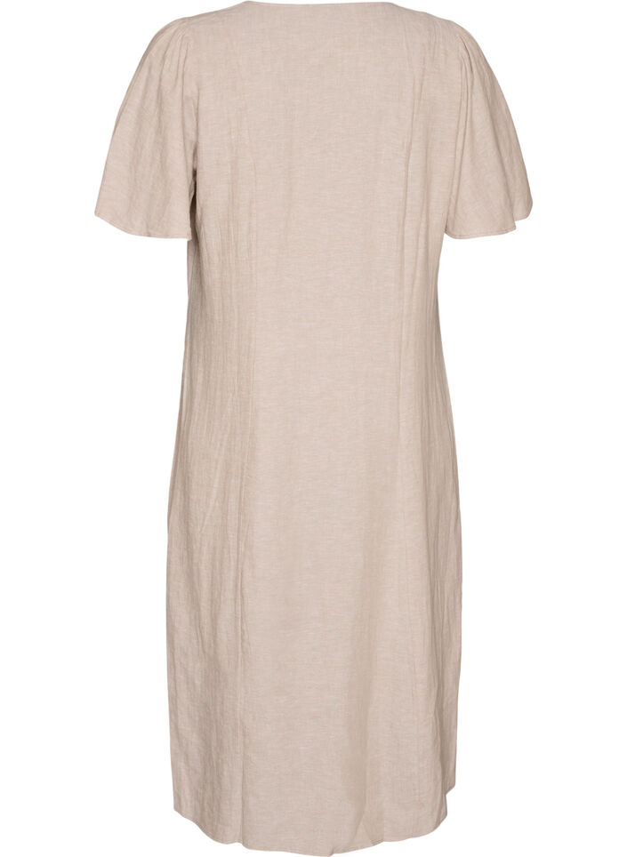 Midikjole i h&oslash;r og viskose med fl&aelig;se&aelig;rmer, Beige, Packshot image number 1