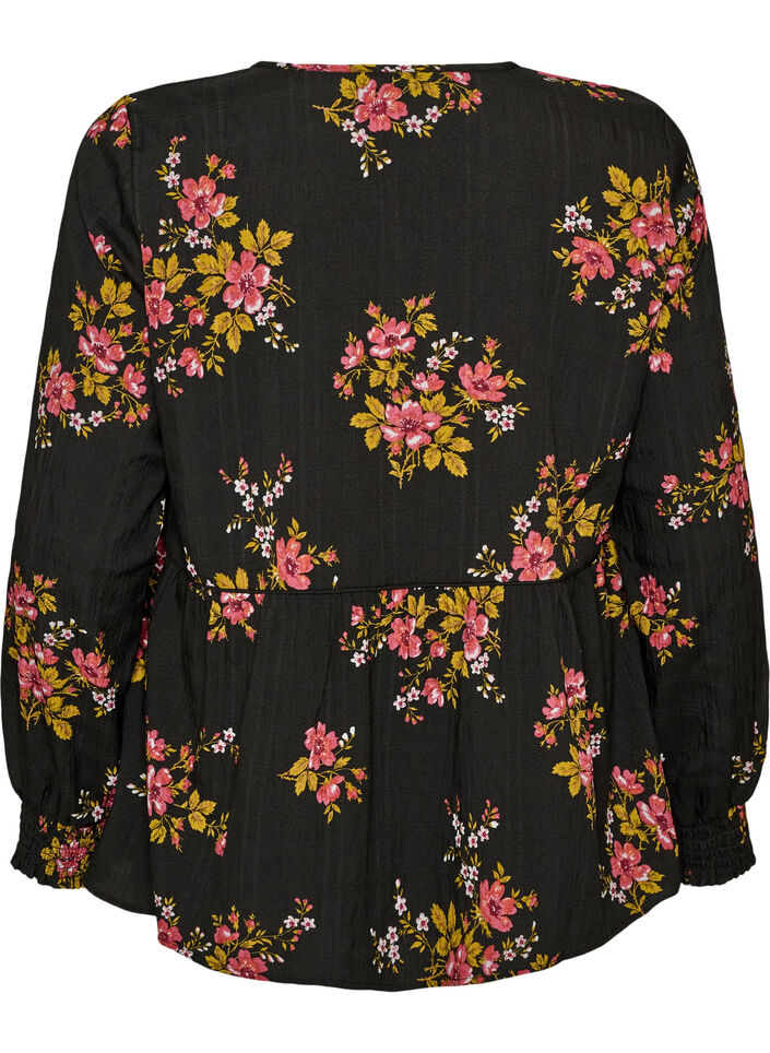 Lang&aelig;rmet bluse med blomsterprint, Sort, Packshot image number 1