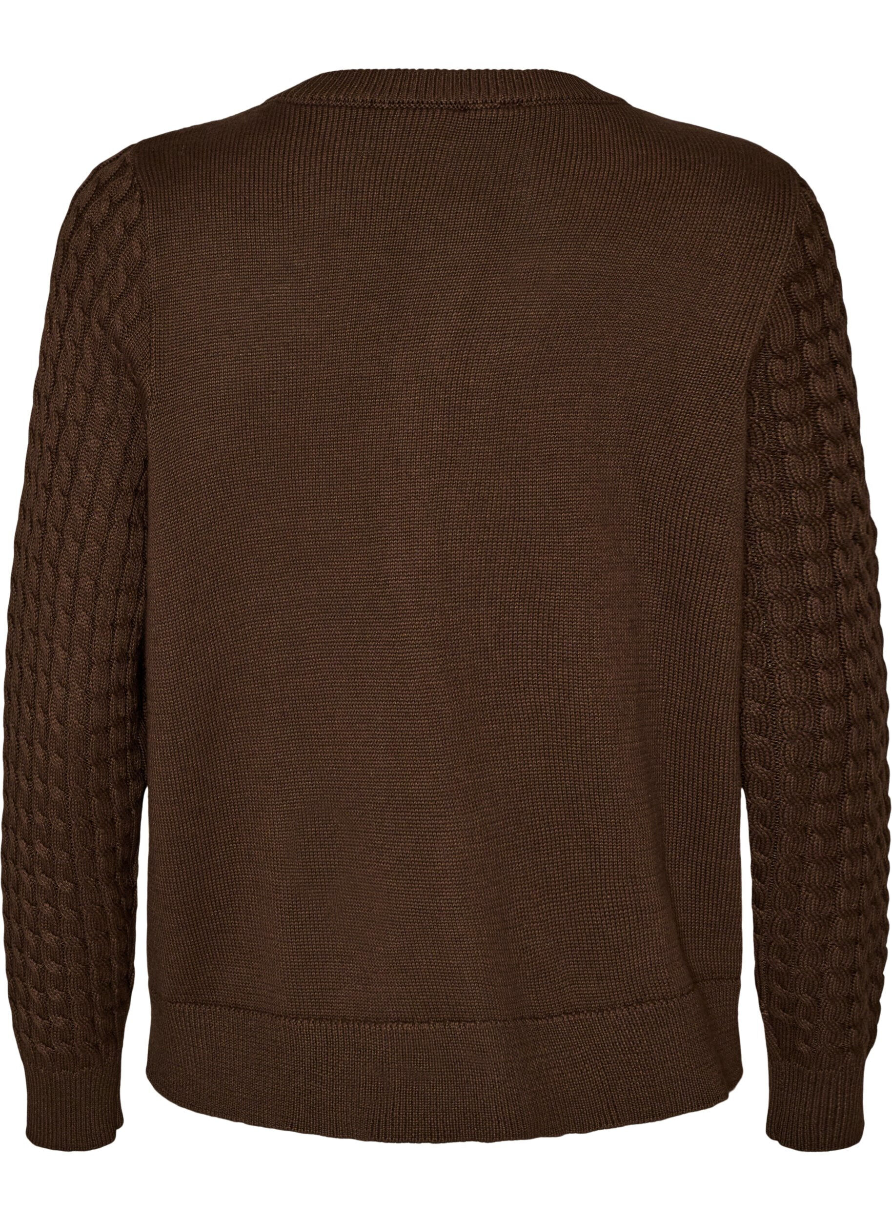 ZizziKabelstrikket cardigan med gyldne knapper, Brun, Packshot image number 1
