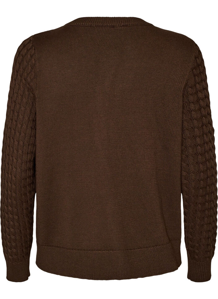 Kabelstrikket cardigan med gyldne knapper, Brun, Packshot image number 1