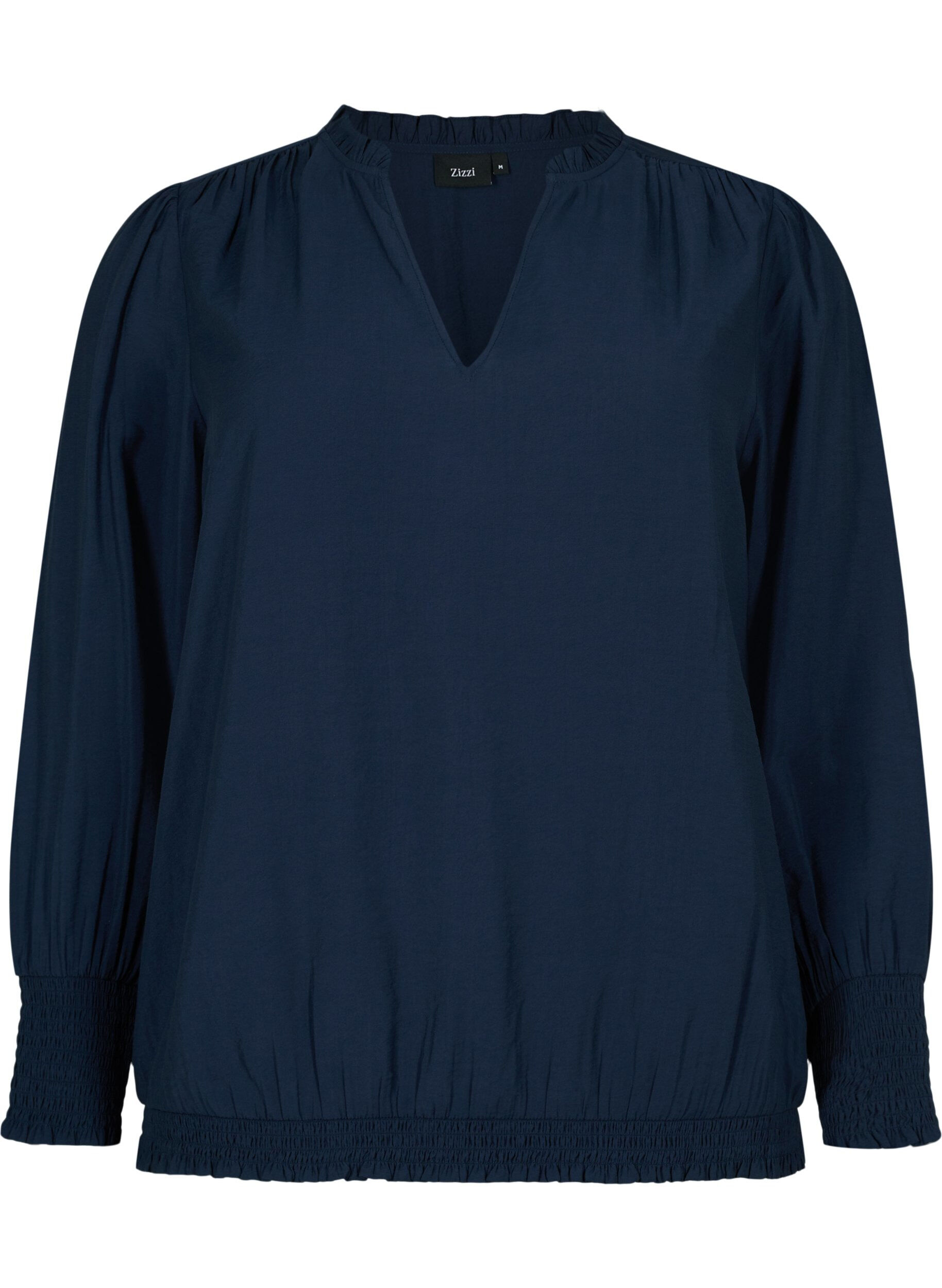 Zizzi Viskosebluse med lange &aelig;rmer og smock, Navy Blazer, Packshot image number 0
