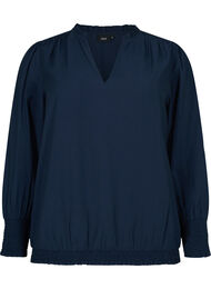 Viskosebluse med lange ærmer og smock, Navy Blazer
