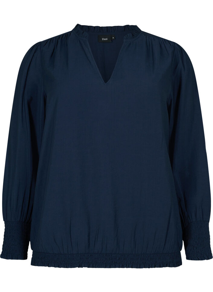 Viskosebluse med lange ærmer og smock, Navy Blazer, Packshot image number 0