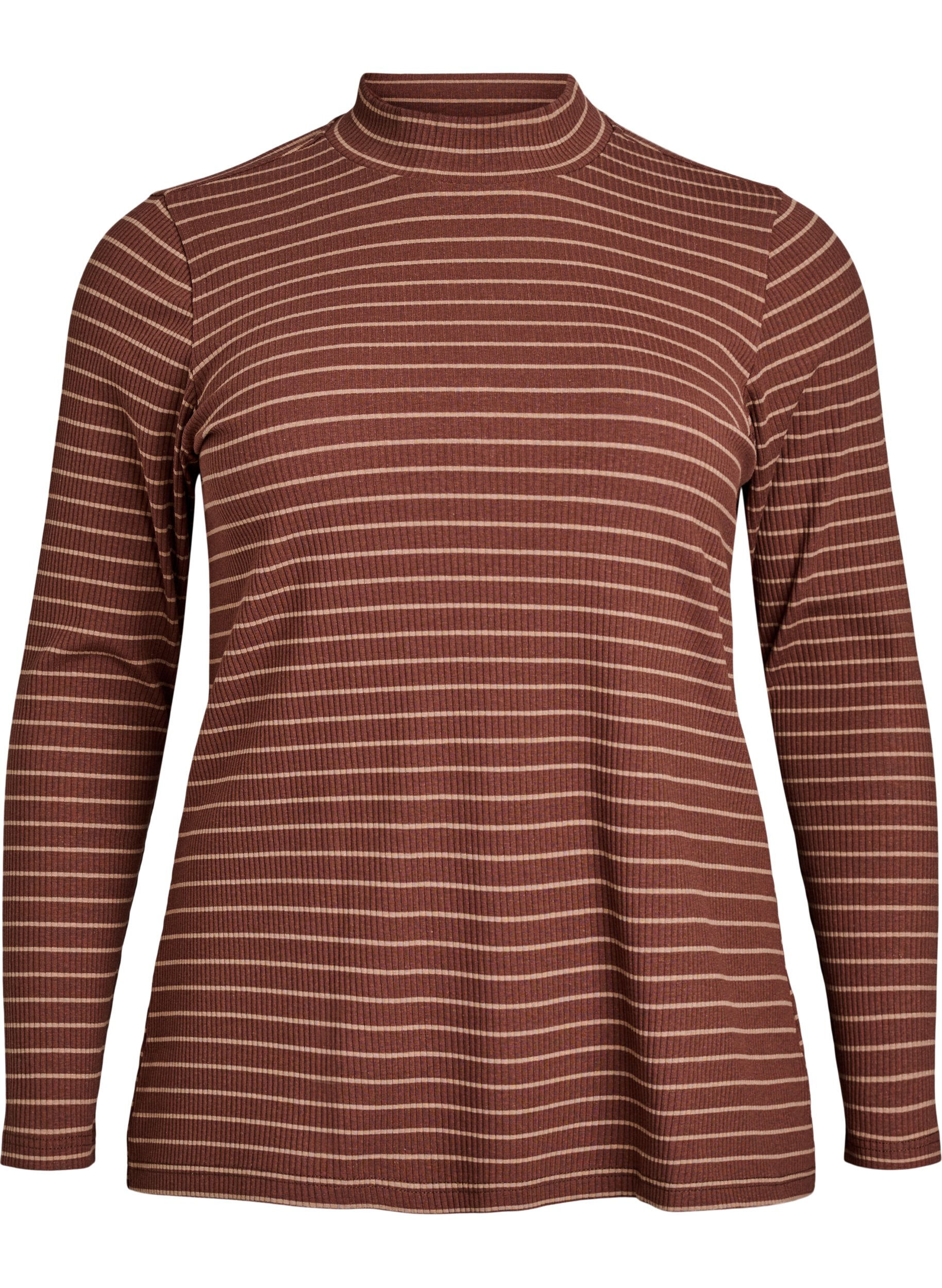 Zizzi Stribet jerseybluse i ribkvalitet med h&oslash;j hals, Brun, Packshot image number 0