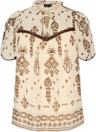 Bluse med m&oslash;nster og crochetb&aring;nd, Beige