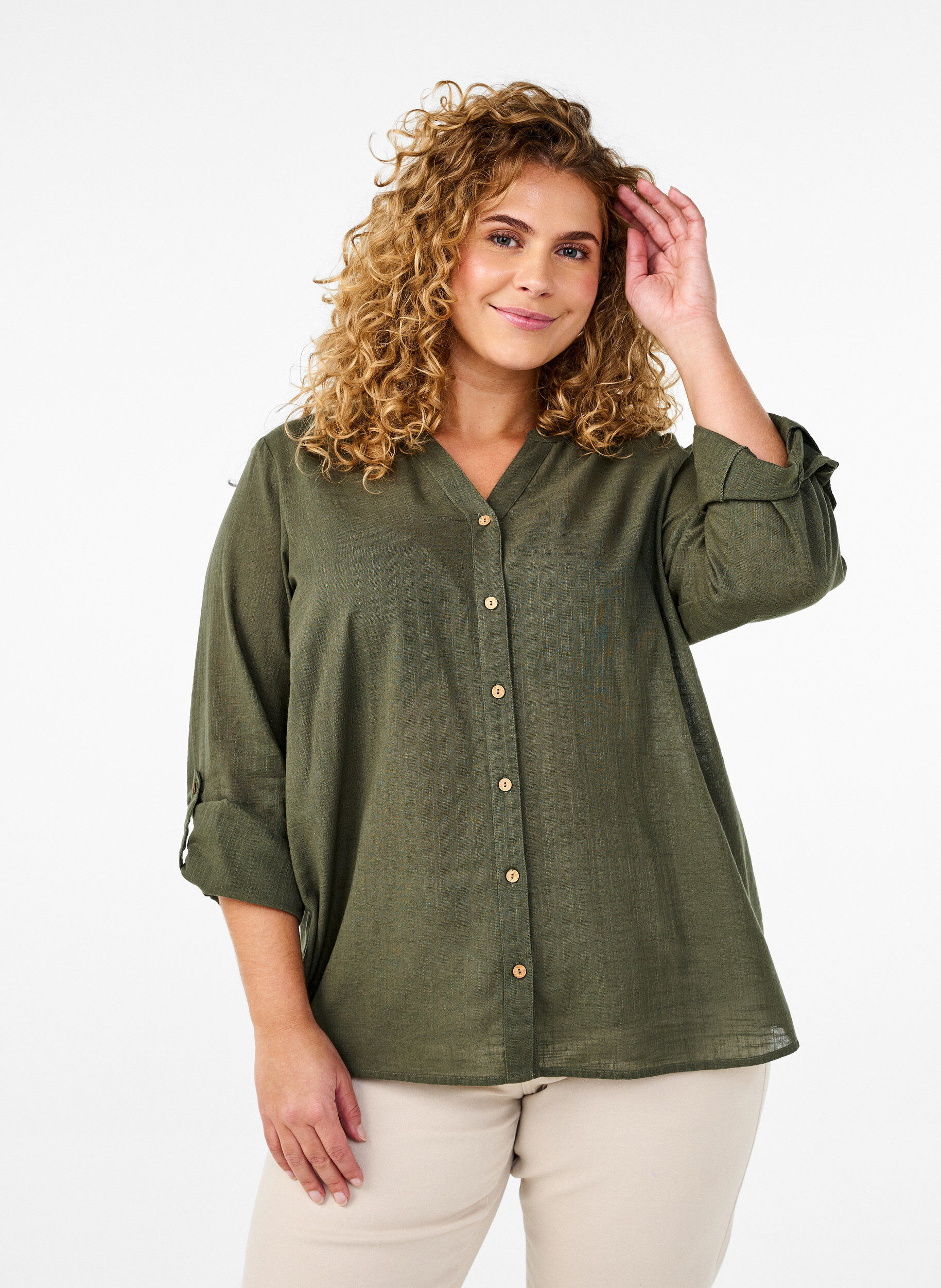 ZizziSkjortebluse i bomuld med v-udsk&aelig;ring, Gr&oslash;n, Model image number 0