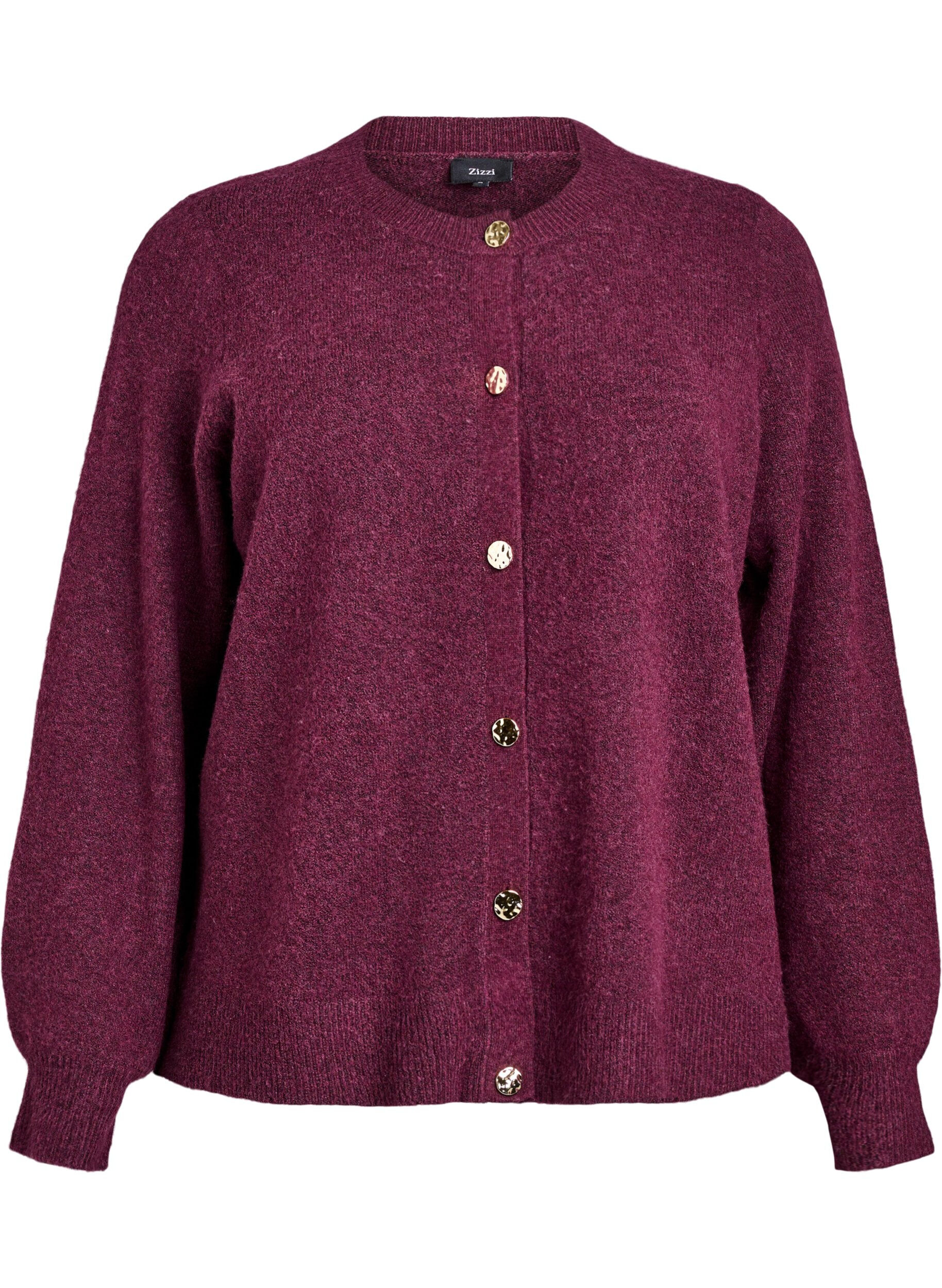 Zizzi Cardigan i bl&oslash;d strik med guldfarvede knapper, M&oslash;rk Bordeaux, Packshot image number 0