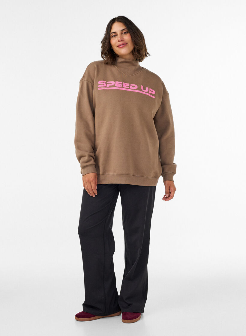 Sweatshirt med h&oslash;j hals og sporty frontmotiv, Brun, Model image number 1