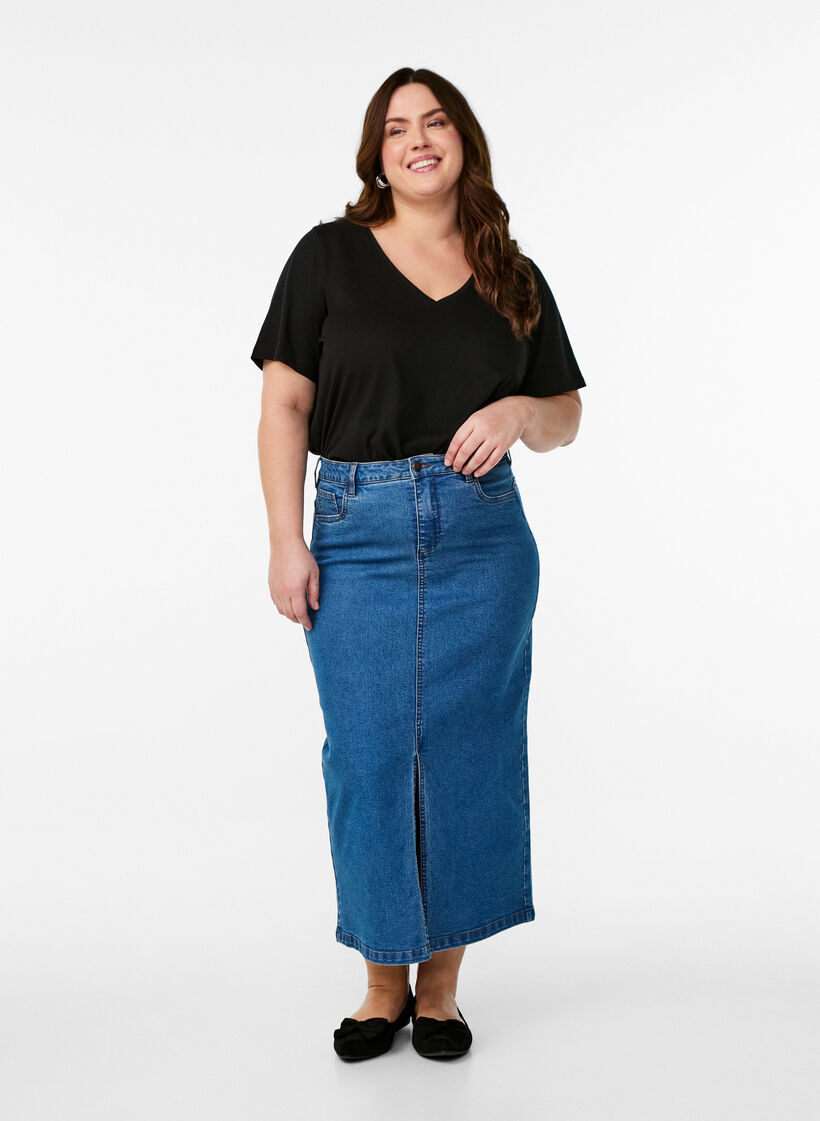 Midilang denim nederdel med slids foran, Bl&aring;, Model image number 0