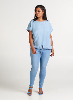 Bluse med korte ærmer, Light blue denim, Model image number 2