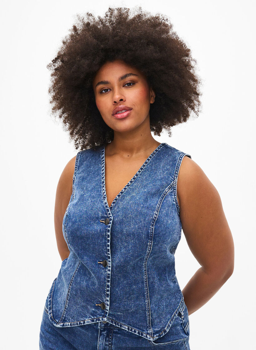 Slim fit denim vest med knapper, Blue Denim, Model image number 0
