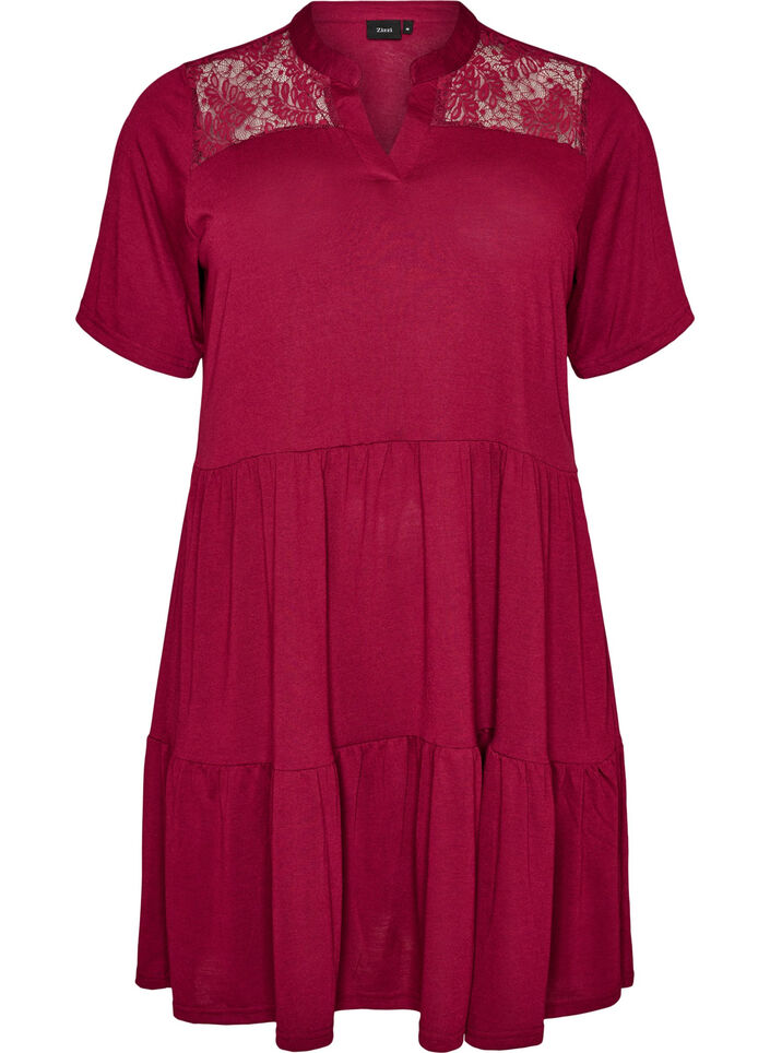 Jerseykjole med blondedetaljer og lagdelt sk&oslash;rt, R&oslash;d, Packshot image number 0