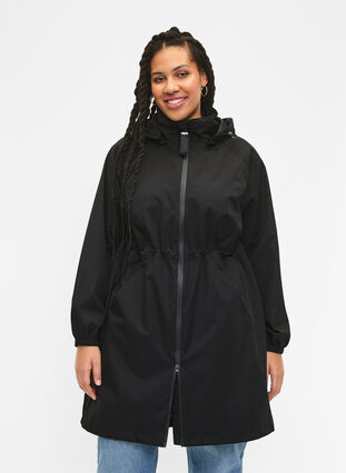 Funktionel frakke med lommer og hætte, Black, Model image number 0