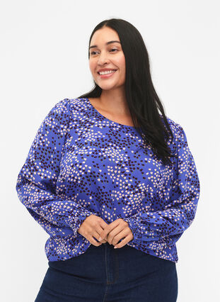 FLASH - Langærmet bluse med smock og print, Dazzling Blue AOP, Model image number 0