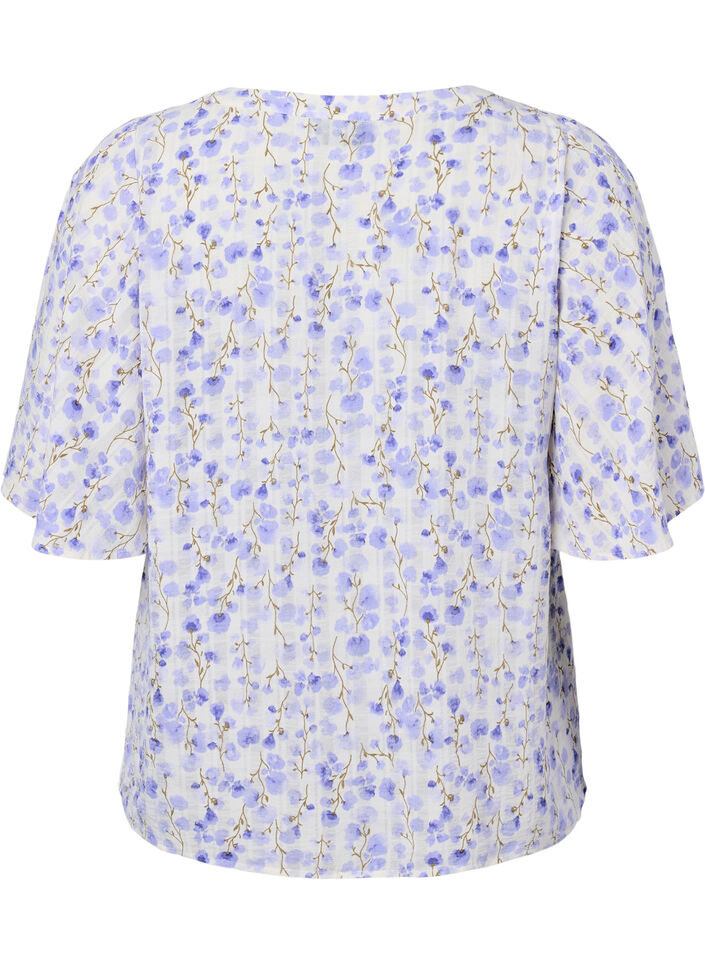 Kortærmet bluse med v-hals og blomsterprint, Hvid, Packshot image number 1