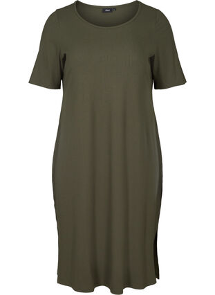 Rib kjole med korte ærmer, Dark Green, Packshot image number 0