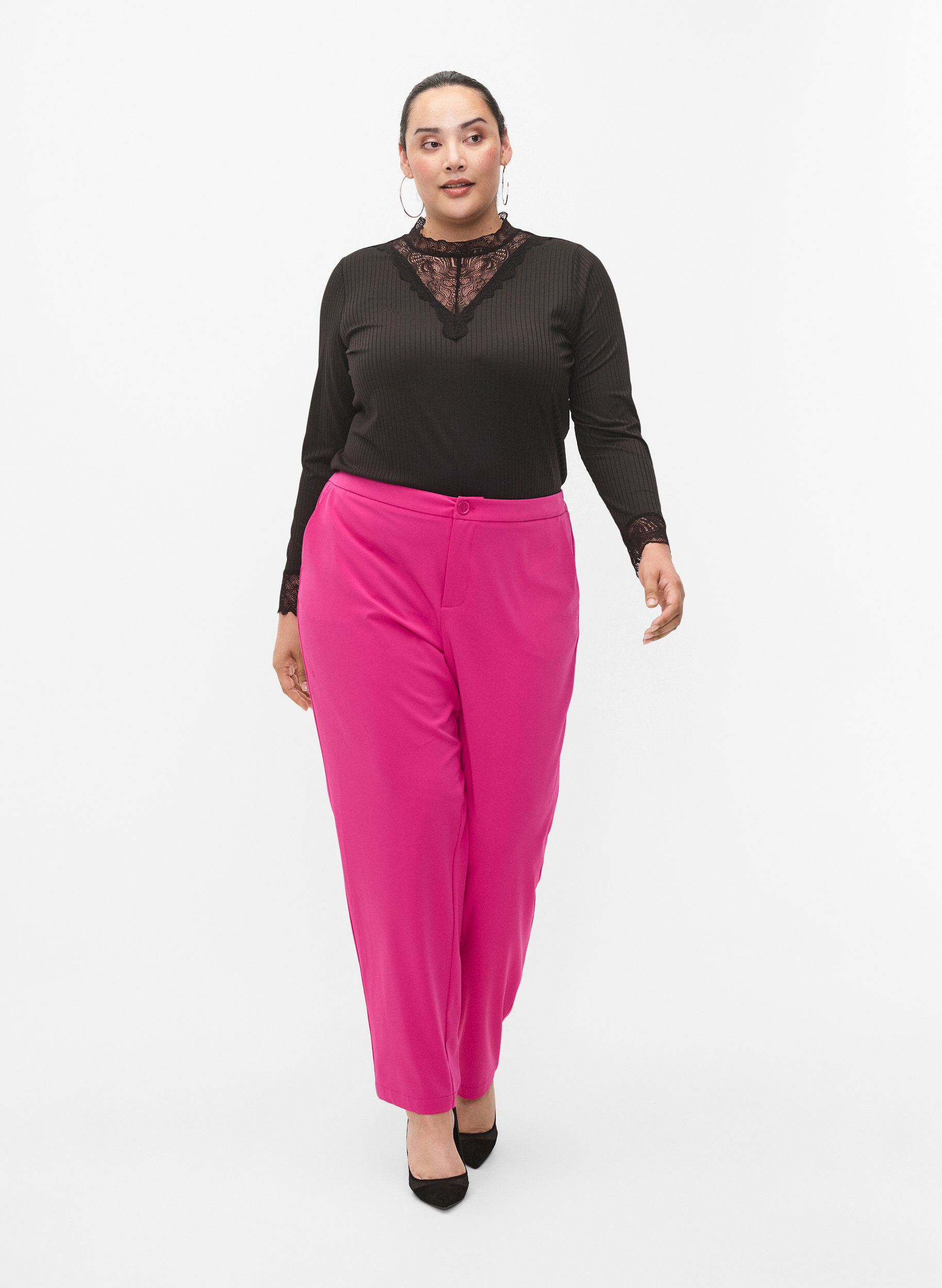 Zizzi Bluse med blonder og lange &aelig;rmer, Black, Model image number 3