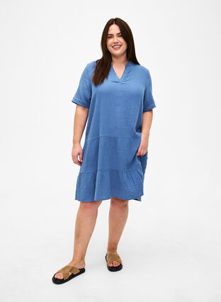Kortærmet kjole i 100% bomuld, Moonlight Blue, Model image number 2