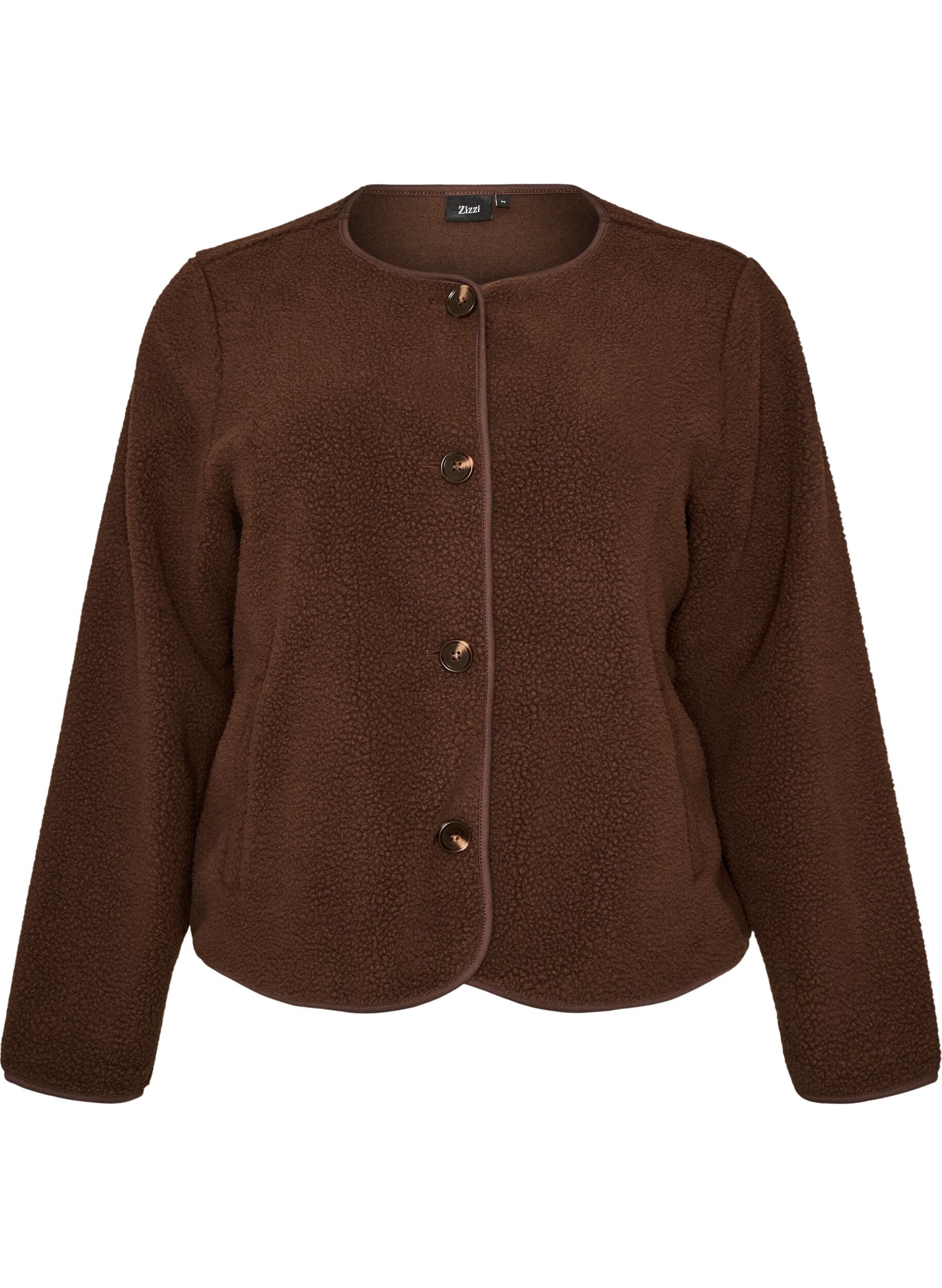 ZizziTeddyjakke med rund hals og knapper, Brun, Packshot image number 0