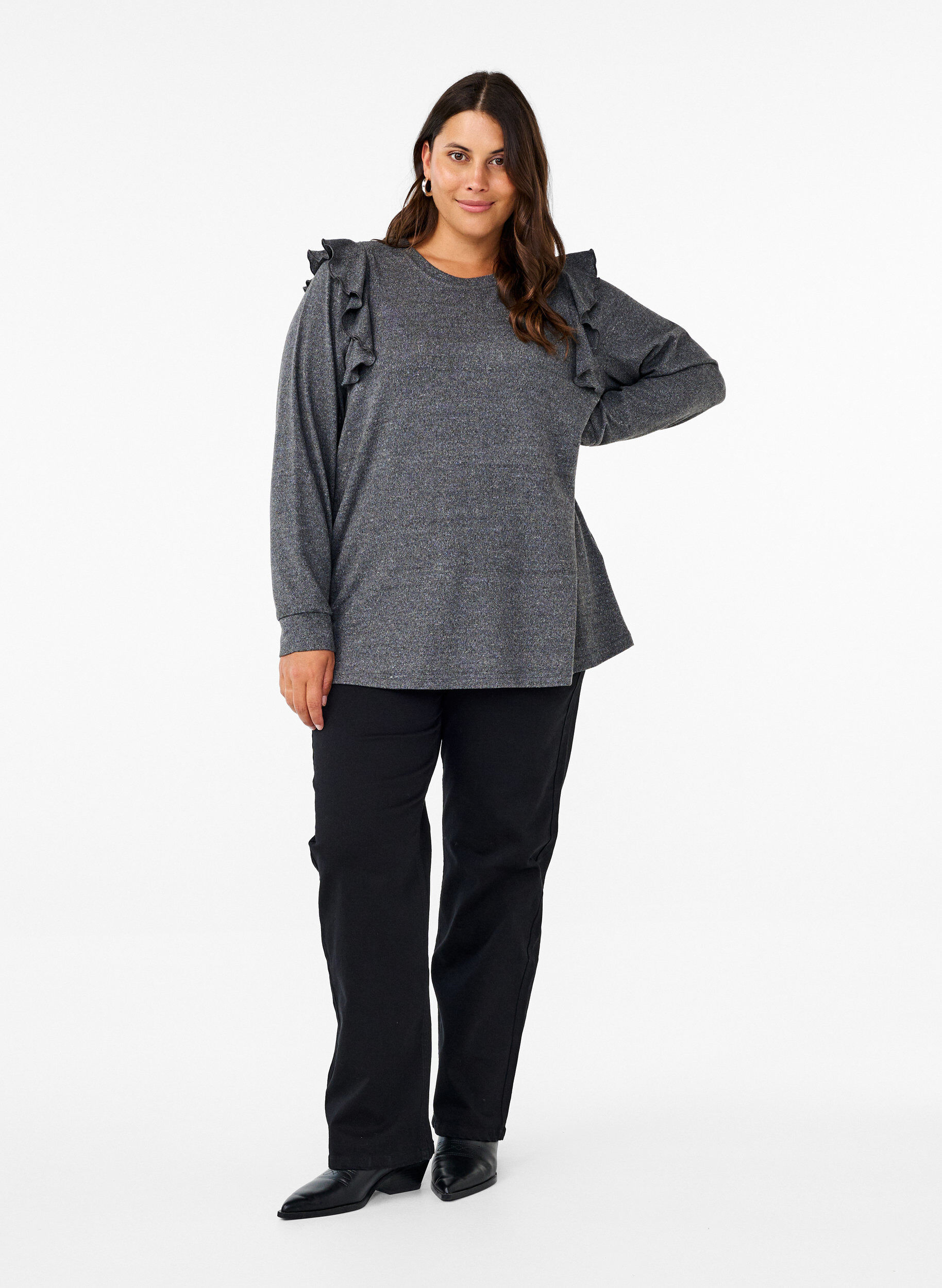 Zizzi Lang&aelig;rmet bluse med fl&aelig;sedetaljer, Dark Grey Melange, Model image number 2
