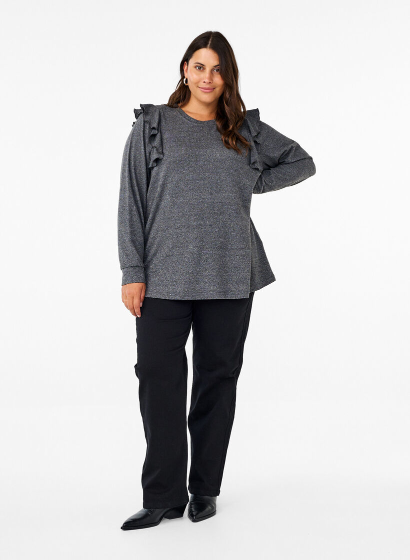 Langærmet bluse med flæsedetaljer, Dark Grey Melange, Model image number 2