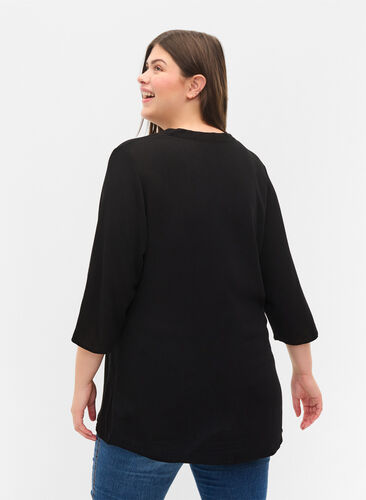 Viskose bluse med 3/4 ærmer og v-udskæring, Black, Model image number 1