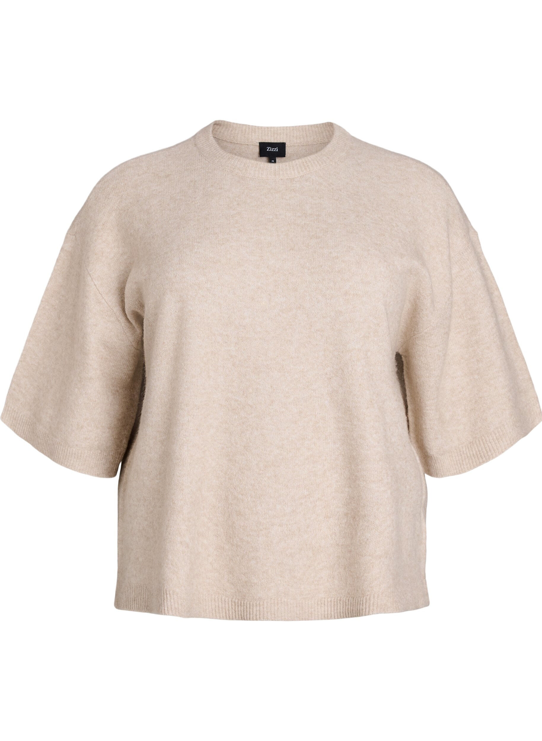 Zizzi L&oslash;s strikbluse med korte &aelig;rmer, Beige, Packshot image number 0