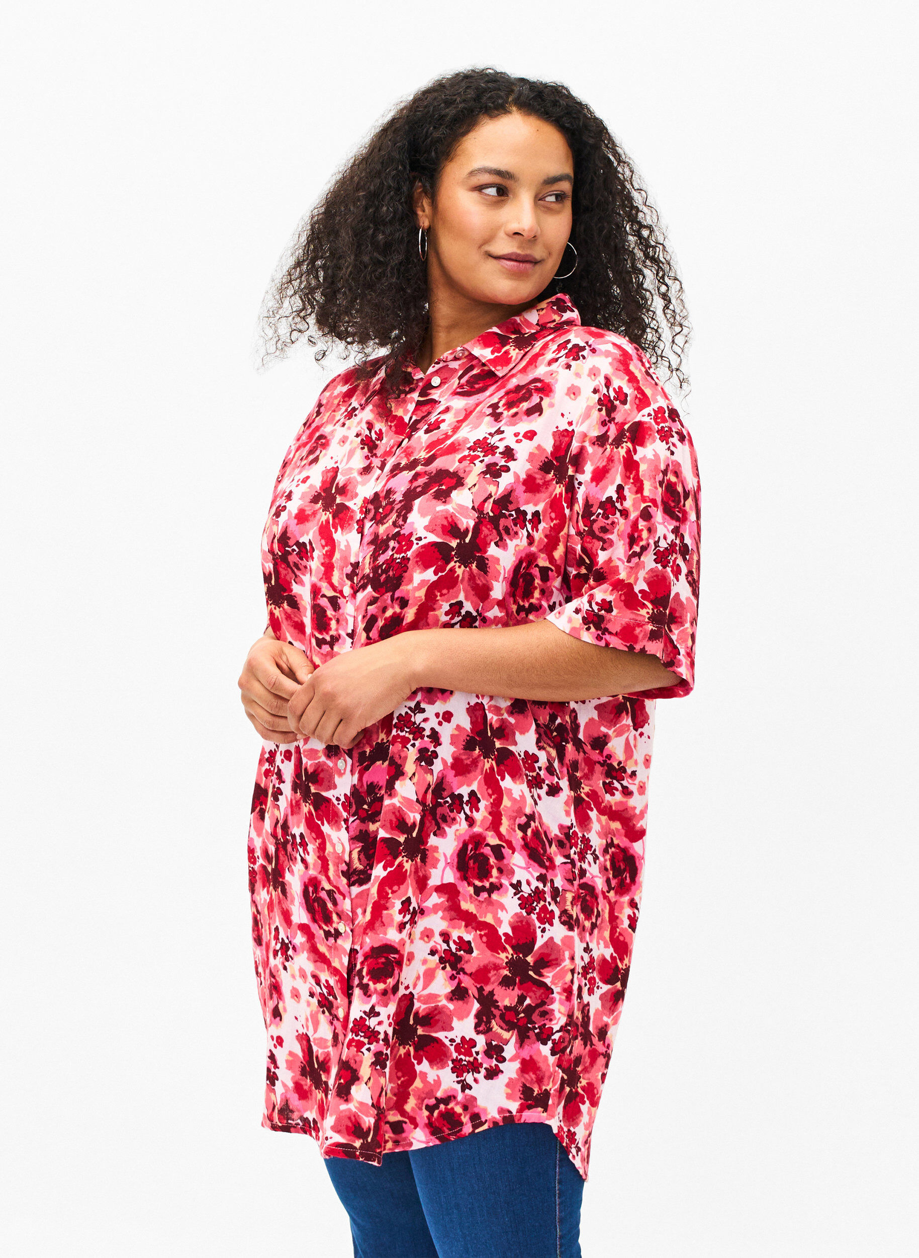 Zizzi Lang skjorte med all-over print, Pink AOP Flower, Model image number 0