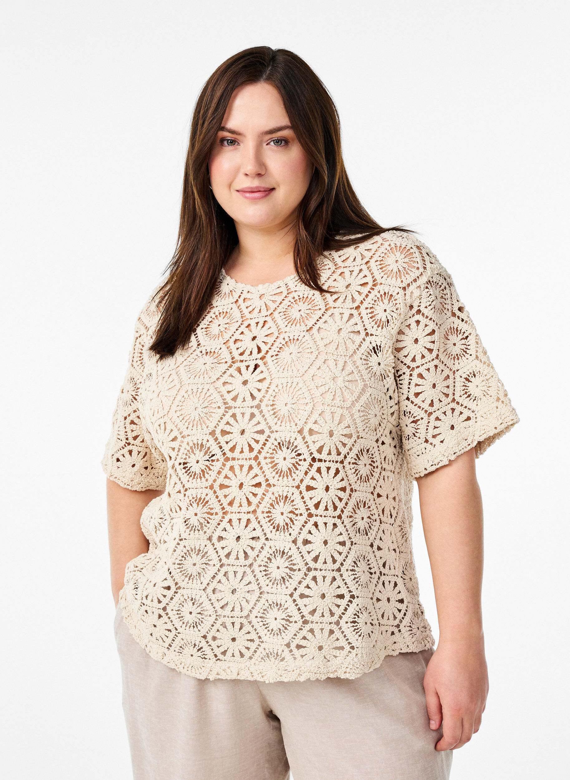Crochet bluse med korte &aelig;rmer, Beige, Model