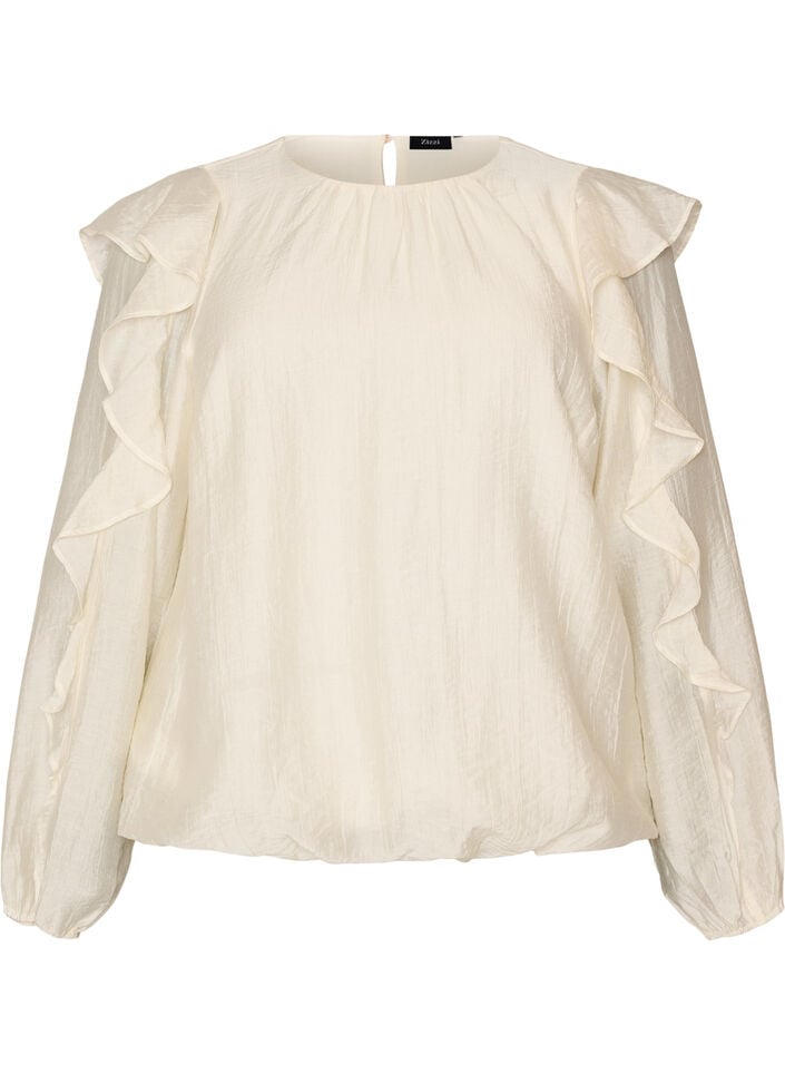 Bluse med fl&aelig;ser og ballonform, Vanilla, Packshot image number 0