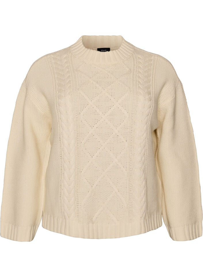 Strikbluse med kabelstrikket m&oslash;nster, Vanilla, Packshot image number 0