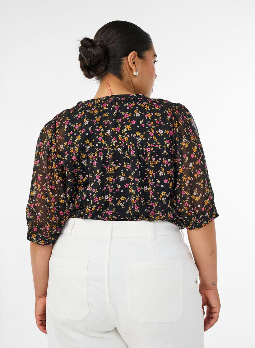 Bluse med blomsterprint og V-udsk&aelig;ring, Sort, Model image number 2