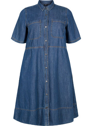 Denim skjortekjole med korte ærmer , Dark blue denim, Packshot image number 0