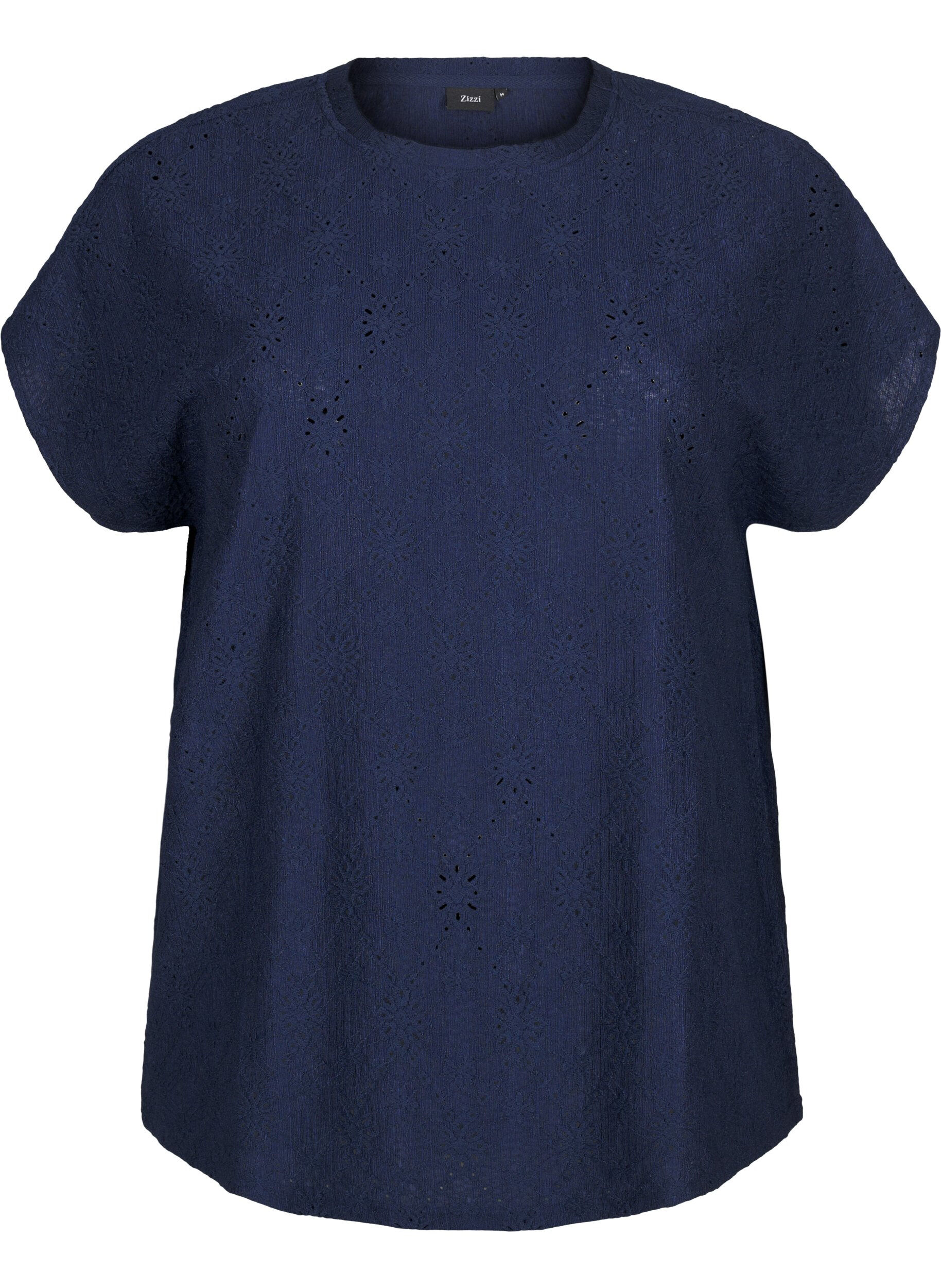 Zizzi Bluse med korte &aelig;rmer og blomsterbroderi, Naval Academy, Packshot image number 0