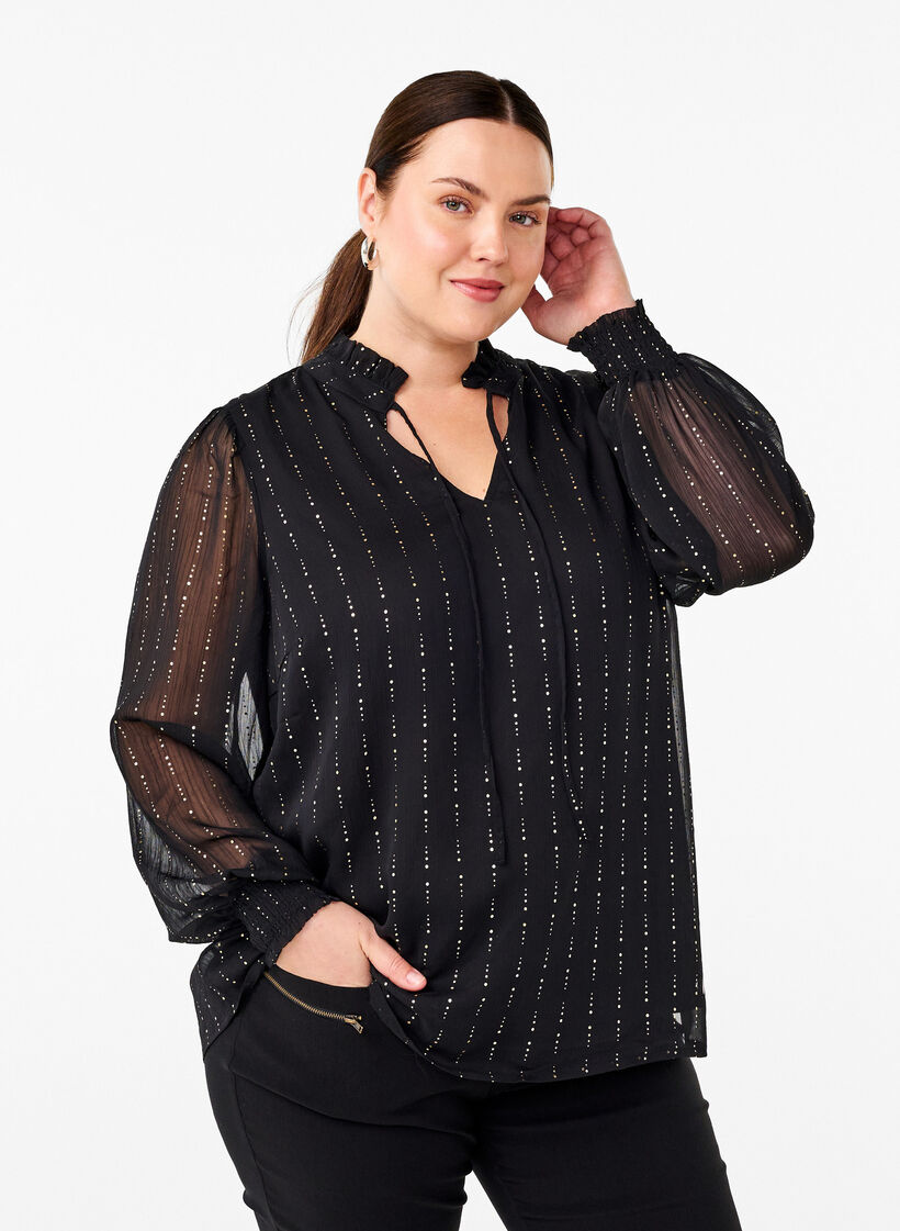 M&oslash;nstret chiffonbluse med bindeb&aring;nd, Black, Model image number 0