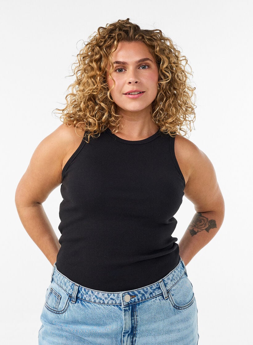 Ribtop i bomuld med h&oslash;j hals, Sort, Model image number 0