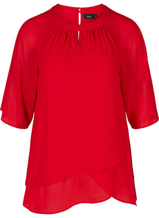 Lang chiffon bluse med 3/4 ærmer, Tango Red, Packshot image number 0