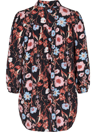 Blomstret skjorte tunika i viskose, Black Flower AOP, Packshot image number 1