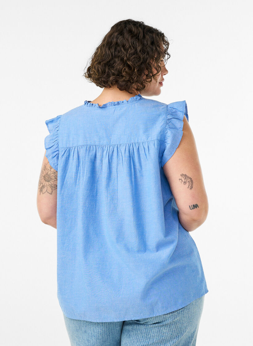 &AElig;rmel&oslash;s bluse i bomuld med fl&aelig;sekanter, Bl&aring;, Model image number 2
