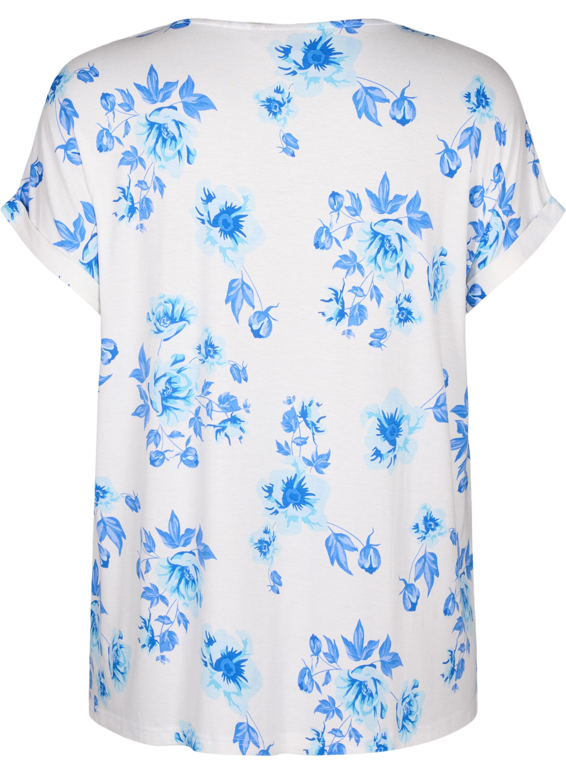 Zizzi Blomstret viskosebluse med korte &aelig;rmer, White Blue AOP, Packshot image number 1
